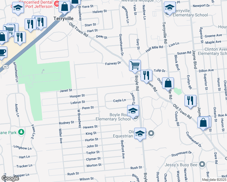 map of restaurants, bars, coffee shops, grocery stores, and more near 47 Justin Circle in Port Jefferson Station