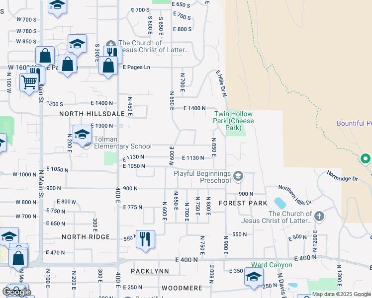 map of restaurants, bars, coffee shops, grocery stores, and more near 662 East 1200 North in Bountiful