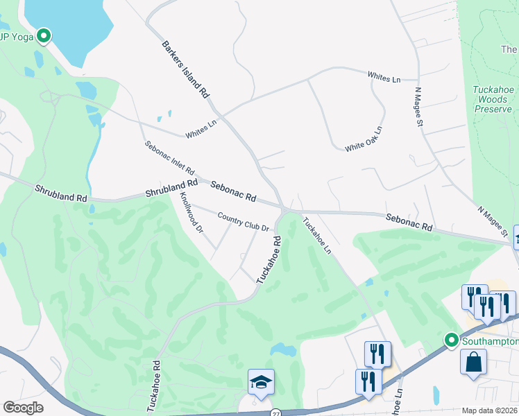 map of restaurants, bars, coffee shops, grocery stores, and more near 24 Country Club Drive in Southampton