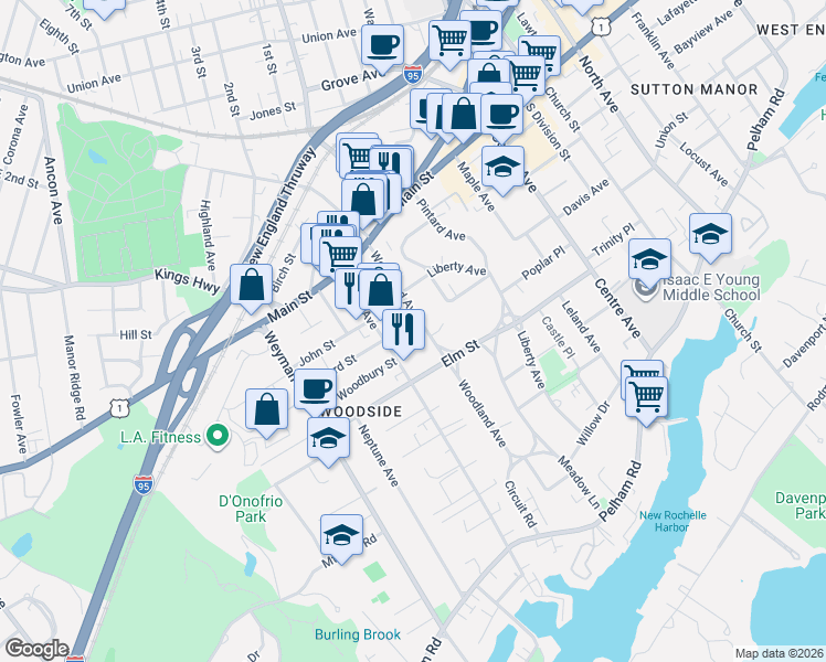 map of restaurants, bars, coffee shops, grocery stores, and more near 68 Woodland Avenue in New Rochelle