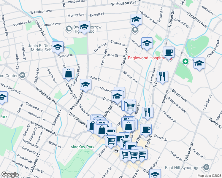 map of restaurants, bars, coffee shops, grocery stores, and more near 131 John Street in Englewood