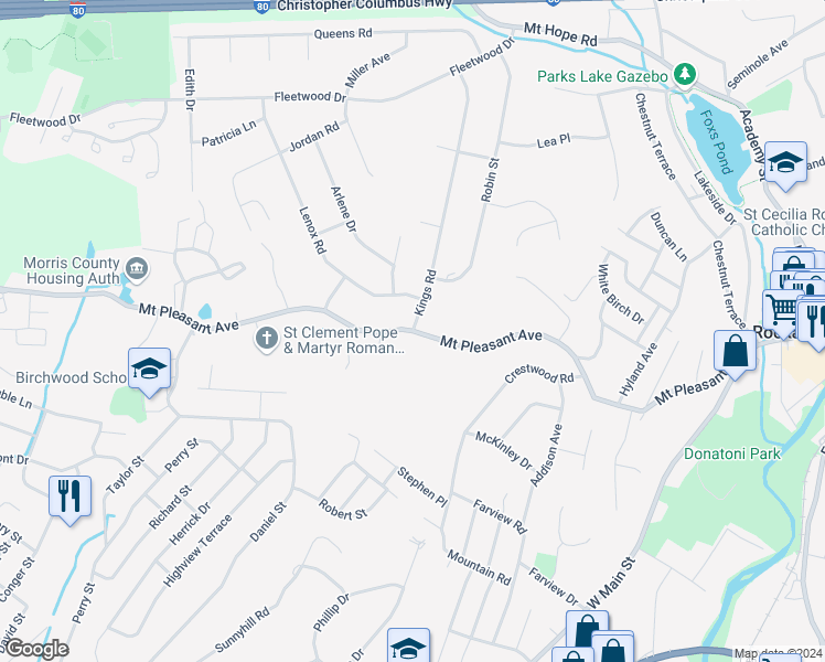 map of restaurants, bars, coffee shops, grocery stores, and more near Mount Pleasant Avenue in Rockaway
