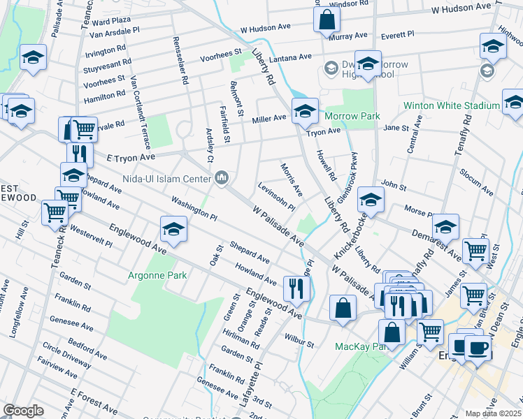 map of restaurants, bars, coffee shops, grocery stores, and more near 342 Levinsohn Place in Englewood