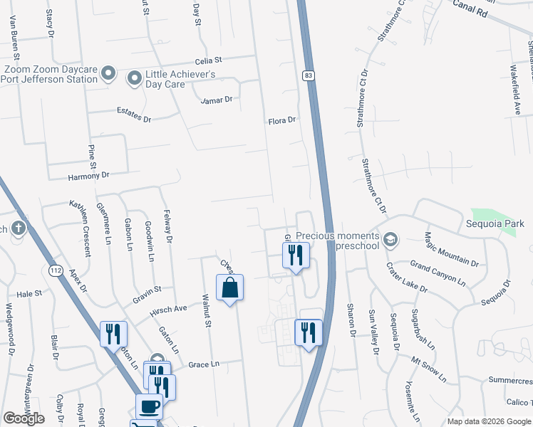 map of restaurants, bars, coffee shops, grocery stores, and more near 35 Navajo Court in Coram