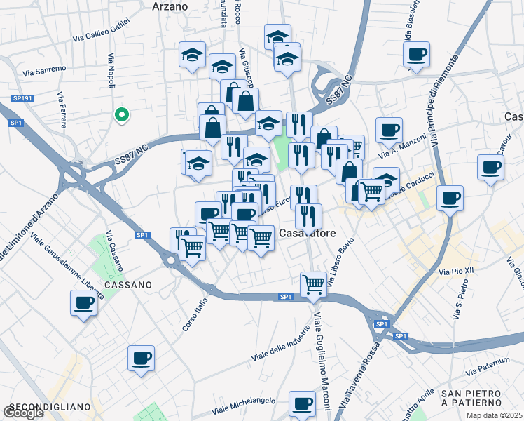 map of restaurants, bars, coffee shops, grocery stores, and more near Via Giovanni Esposito in Casavatore