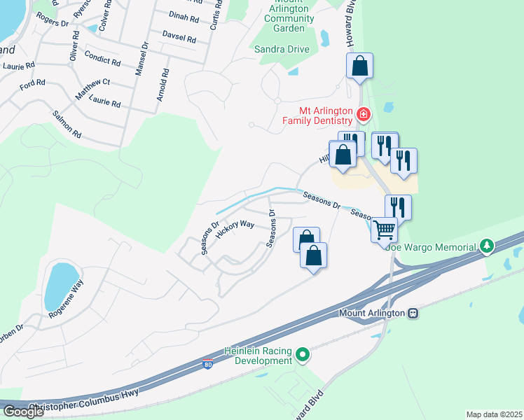 map of restaurants, bars, coffee shops, grocery stores, and more near 18 Spruce Terrace in Mount Arlington