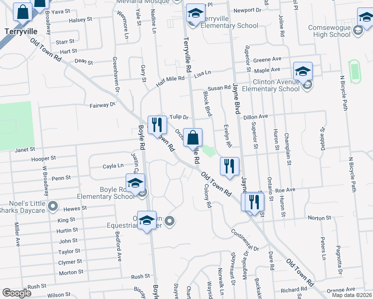 map of restaurants, bars, coffee shops, grocery stores, and more near 4 Orchid Drive in Port Jefferson Station