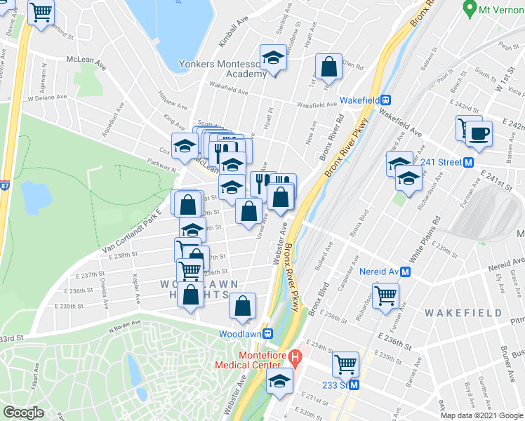 map of restaurants, bars, coffee shops, grocery stores, and more near in The Bronx