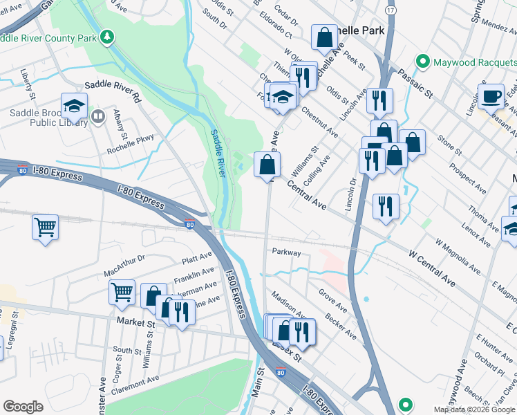 map of restaurants, bars, coffee shops, grocery stores, and more near 187 Rochelle Avenue in Rochelle Park