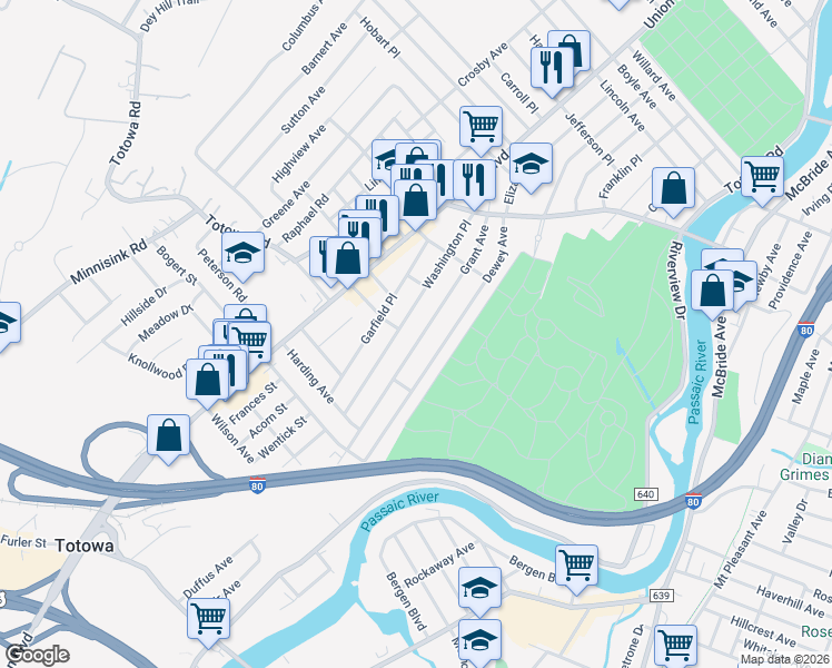 map of restaurants, bars, coffee shops, grocery stores, and more near 107 Grant Avenue in Totowa