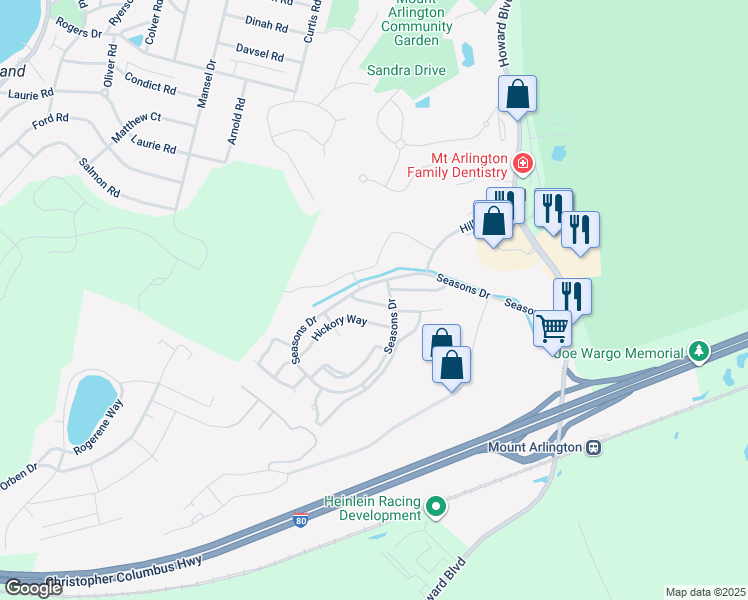 map of restaurants, bars, coffee shops, grocery stores, and more near 69 Brookside Lane in Mount Arlington