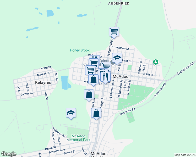 map of restaurants, bars, coffee shops, grocery stores, and more near 41 South Hancock Street in McAdoo