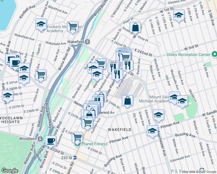 map of restaurants, bars, coffee shops, grocery stores, and more near in Bronx