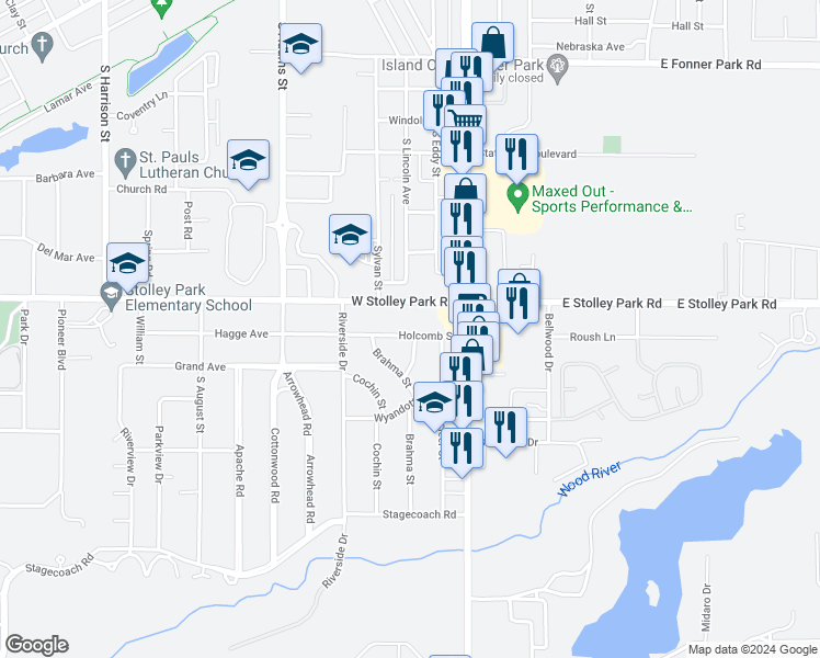 map of restaurants, bars, coffee shops, grocery stores, and more near 328 Holcomb Street in Grand Island