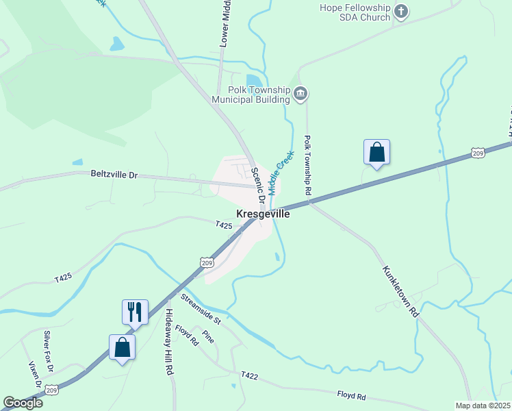 map of restaurants, bars, coffee shops, grocery stores, and more near 109 Scenic Drive in Kunkletown