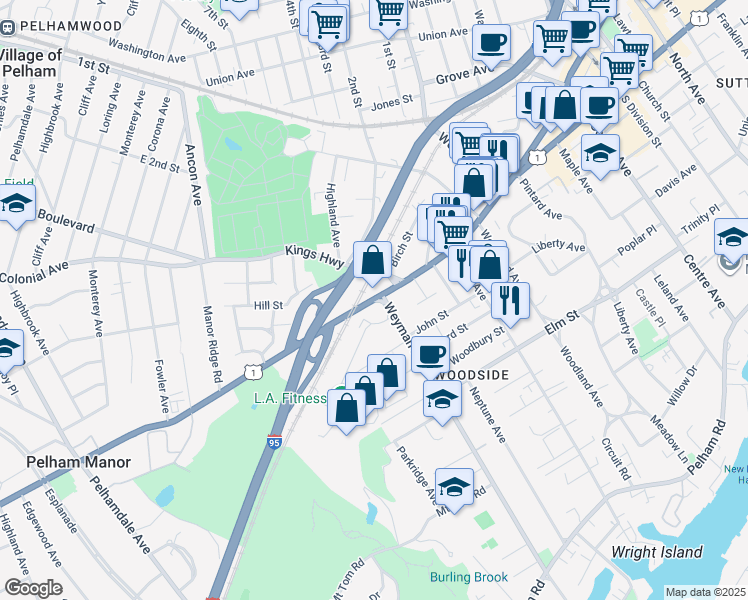 map of restaurants, bars, coffee shops, grocery stores, and more near 842 Boston Post Road in New Rochelle