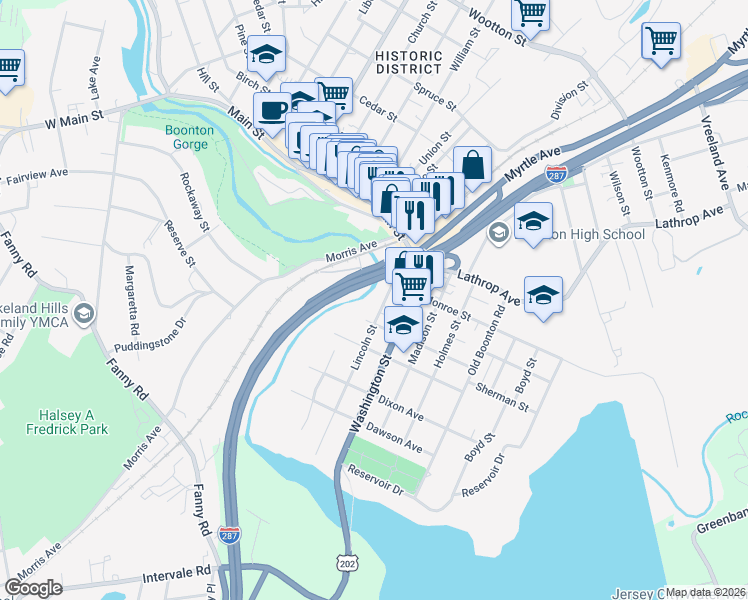 map of restaurants, bars, coffee shops, grocery stores, and more near 128 Monroe Street in Boonton