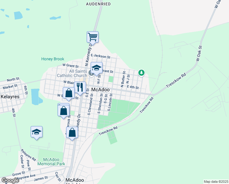 map of restaurants, bars, coffee shops, grocery stores, and more near 306 East Blaine Street in McAdoo