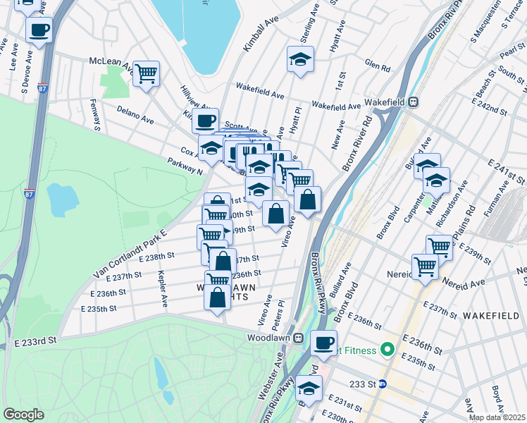 map of restaurants, bars, coffee shops, grocery stores, and more near 425 E 240th St in Bronx