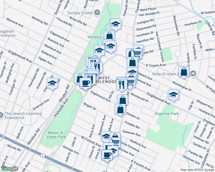 map of restaurants, bars, coffee shops, grocery stores, and more near 77 Ayers Court in Teaneck