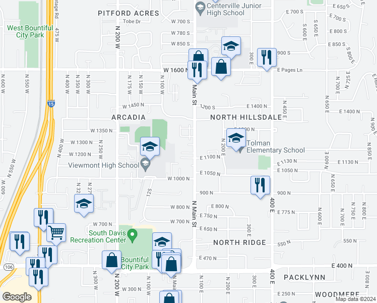 map of restaurants, bars, coffee shops, grocery stores, and more near 1191 North Main Street in Bountiful