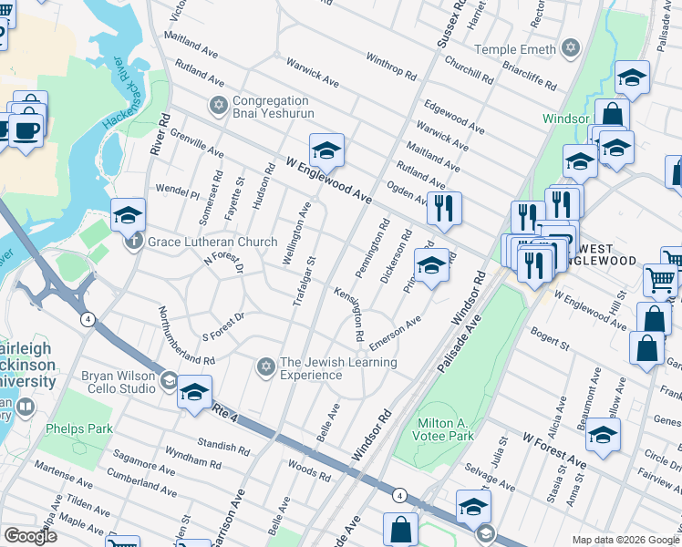 map of restaurants, bars, coffee shops, grocery stores, and more near 1308 Pennington Road in Teaneck