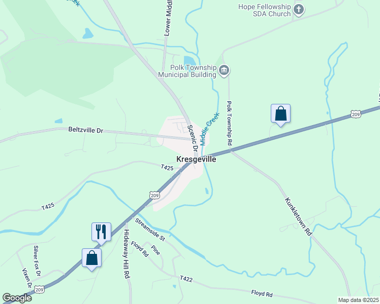 map of restaurants, bars, coffee shops, grocery stores, and more near 109 Scenic Drive in Kunkletown