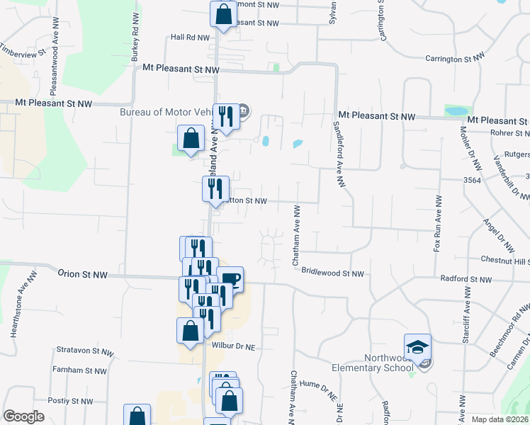 map of restaurants, bars, coffee shops, grocery stores, and more near 7928 Amberly Circle Northwest in North Canton