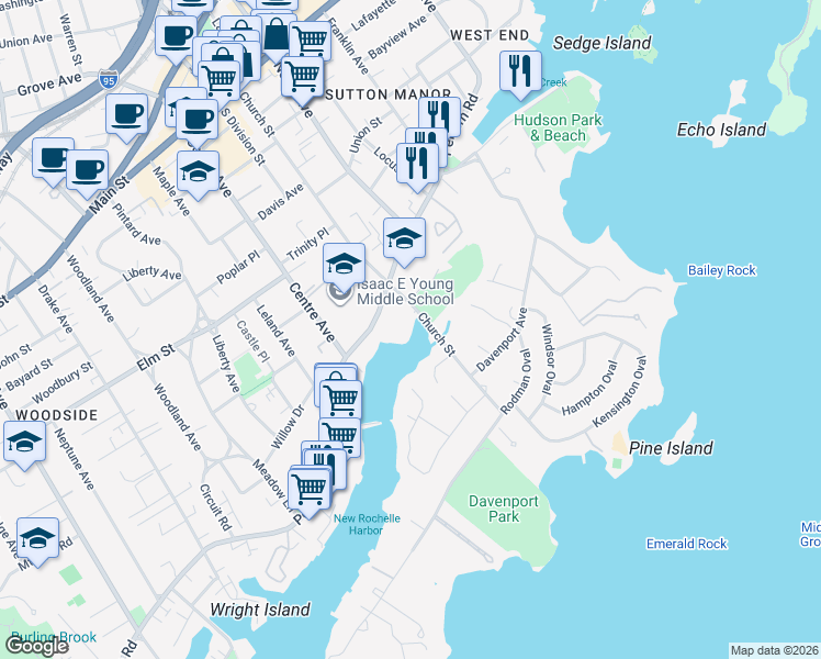 map of restaurants, bars, coffee shops, grocery stores, and more near 254 Pelham Road in New Rochelle