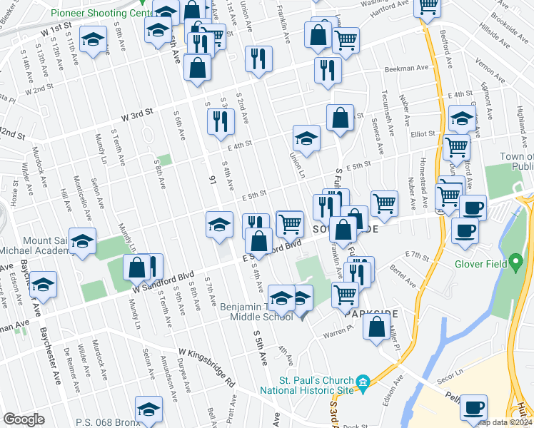 map of restaurants, bars, coffee shops, grocery stores, and more near 410 South 2nd Avenue in Mount Vernon