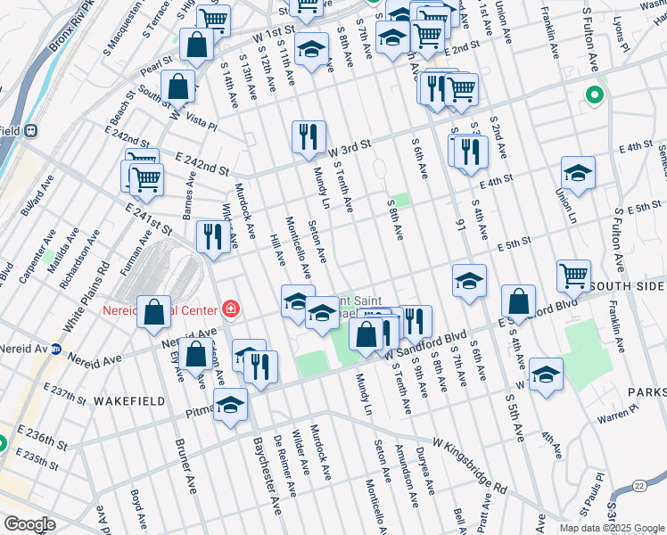 map of restaurants, bars, coffee shops, grocery stores, and more near 327 Mundy Lane in Mount Vernon
