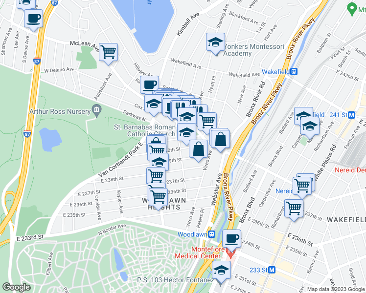 map of restaurants, bars, coffee shops, grocery stores, and more near 260 East 241st Street in Yonkers