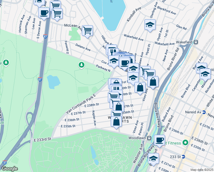 map of restaurants, bars, coffee shops, grocery stores, and more near 4482 Van Cortlandt Park East in Bronx