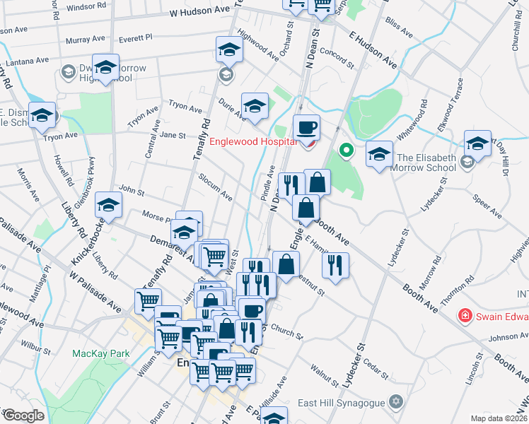 map of restaurants, bars, coffee shops, grocery stores, and more near 1 West Hamilton Avenue in Englewood