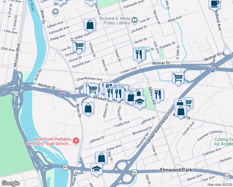 map of restaurants, bars, coffee shops, grocery stores, and more near in Elmwood Park