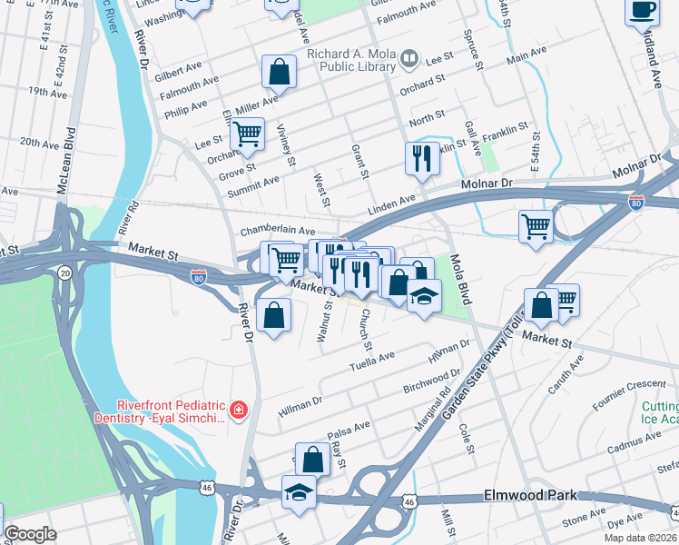 map of restaurants, bars, coffee shops, grocery stores, and more near 1 South Center Street in Elmwood Park