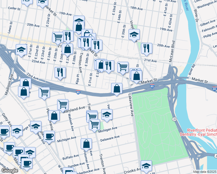 map of restaurants, bars, coffee shops, grocery stores, and more near 651 East 33rd Street in Paterson