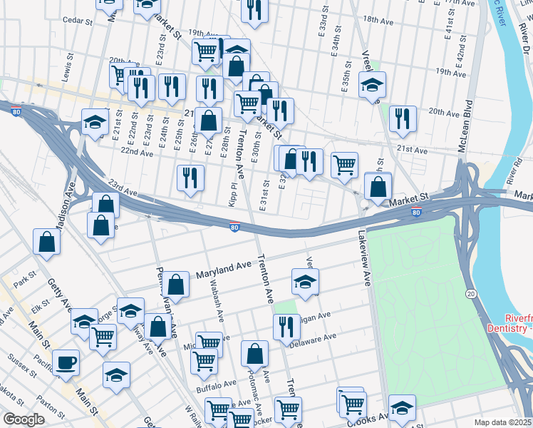 map of restaurants, bars, coffee shops, grocery stores, and more near 686 East 32nd Street in Paterson