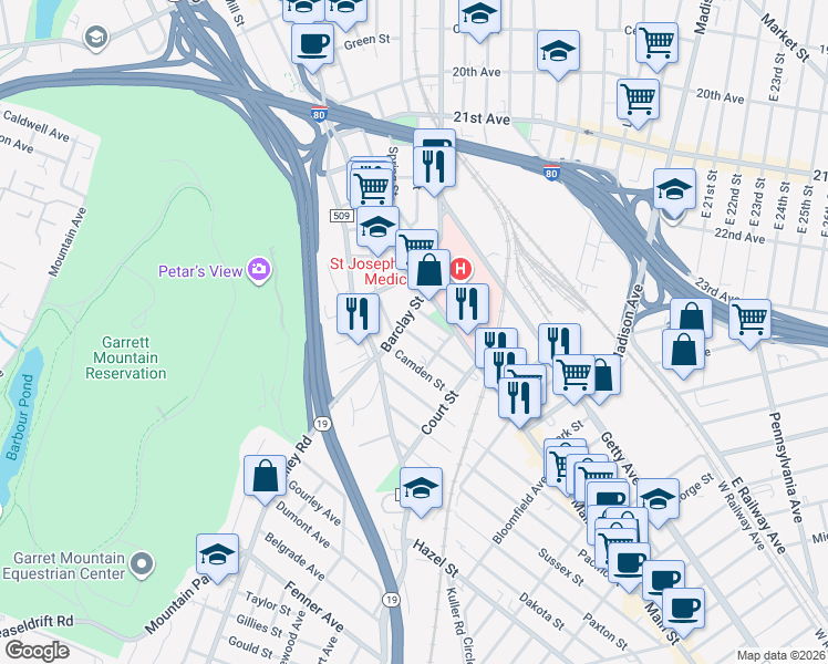 map of restaurants, bars, coffee shops, grocery stores, and more near 152 Barclay Street in Paterson