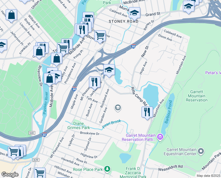 map of restaurants, bars, coffee shops, grocery stores, and more near 185 Squirrelwood Road in Woodland Park