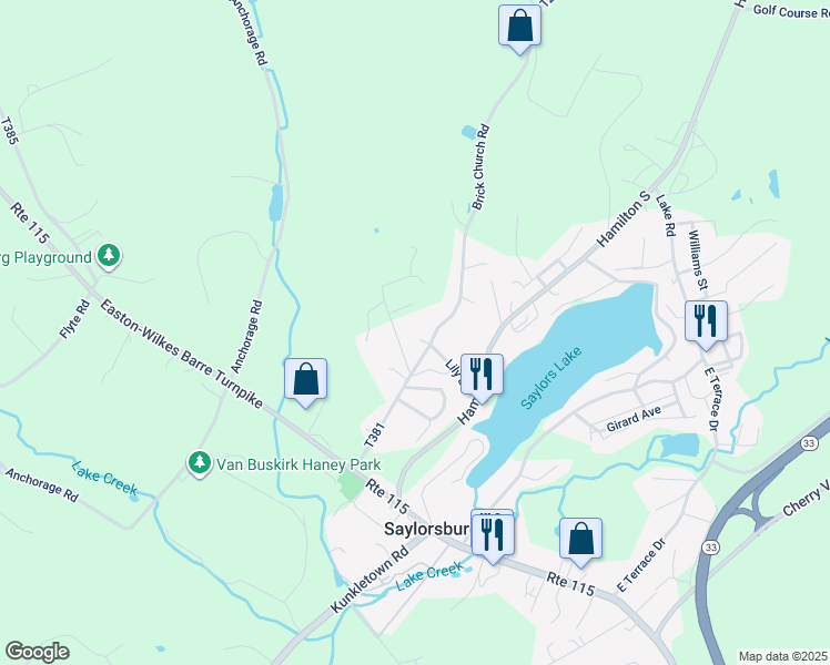 map of restaurants, bars, coffee shops, grocery stores, and more near 173 Brick Church Road in Saylorsburg