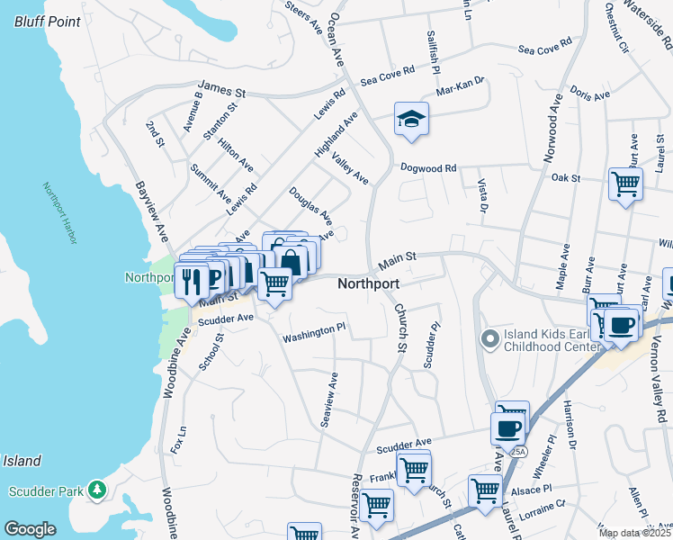 map of restaurants, bars, coffee shops, grocery stores, and more near 291 Main Street in Northport