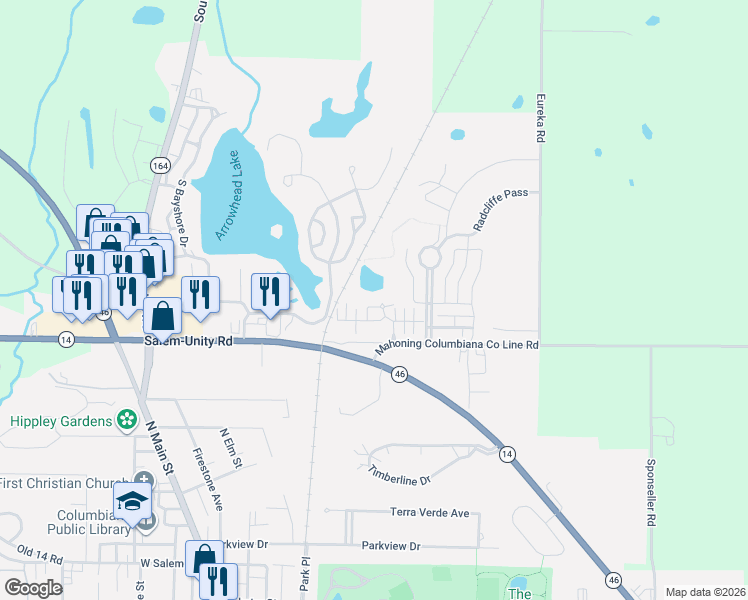 map of restaurants, bars, coffee shops, grocery stores, and more near 157 Village Court in Columbiana