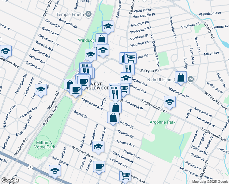 map of restaurants, bars, coffee shops, grocery stores, and more near 55 State Street in Teaneck