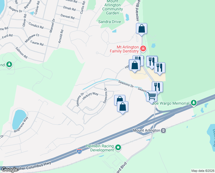 map of restaurants, bars, coffee shops, grocery stores, and more near 69 Brookside Lane in Mount Arlington