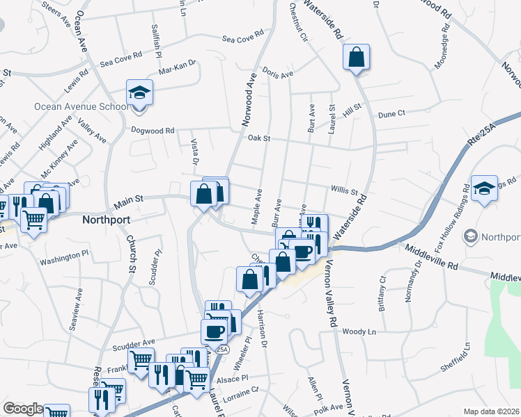 map of restaurants, bars, coffee shops, grocery stores, and more near 44 Maple Avenue in Northport