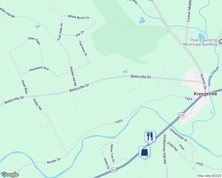 map of restaurants, bars, coffee shops, grocery stores, and more near 336 Beltzville Drive in Kunkletown