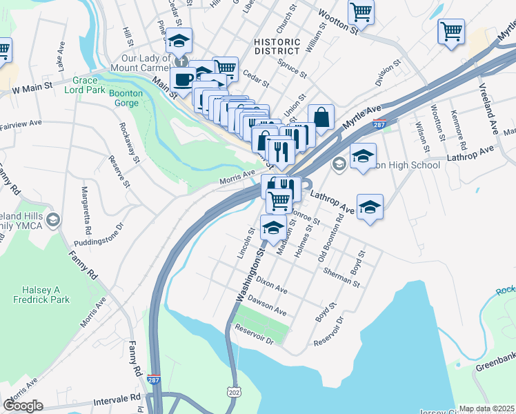 map of restaurants, bars, coffee shops, grocery stores, and more near 115 Monroe Street in Boonton