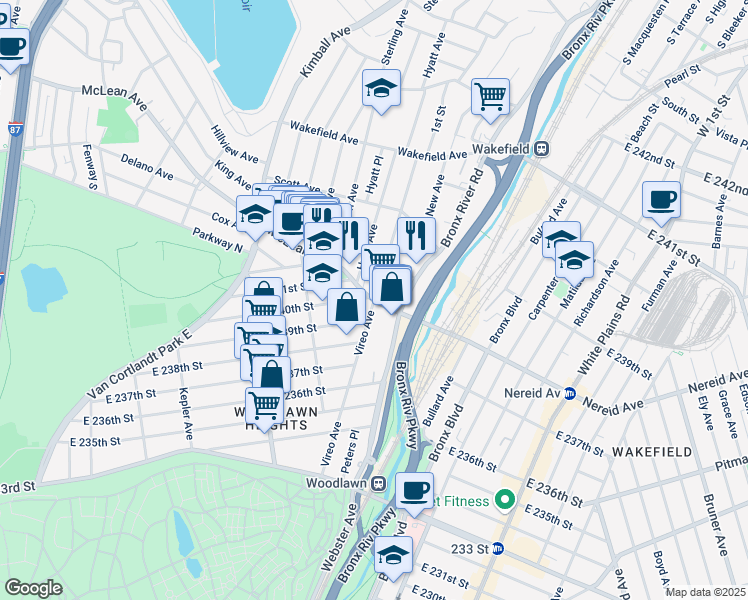 map of restaurants, bars, coffee shops, grocery stores, and more near McLean Ave & Vireo Ave in Bronx