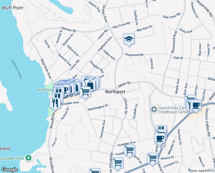 map of restaurants, bars, coffee shops, grocery stores, and more near 5 Ocean Avenue in Northport
